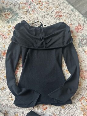 Meshki Black Off-the-Shoulder Fold-Over Sweater with Tie